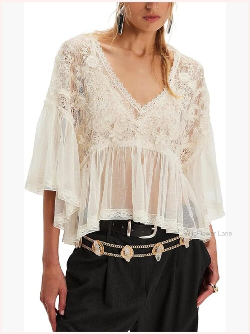 Sheer Mesh Lace Bell Sleeve Boho Blouse Flowy Ruffle Poncho Top